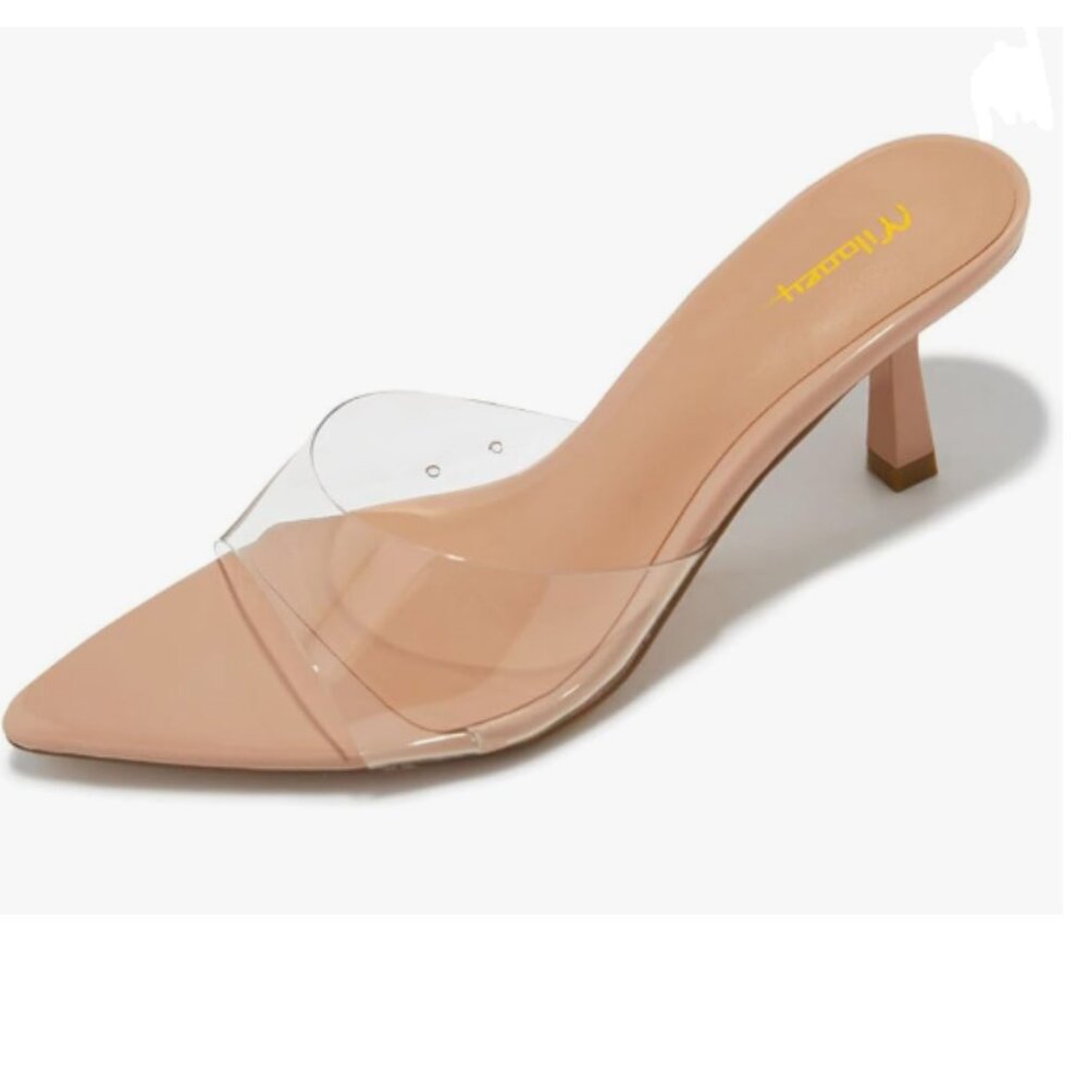 Clear Strap Nude Kitten Heel Mules - Women